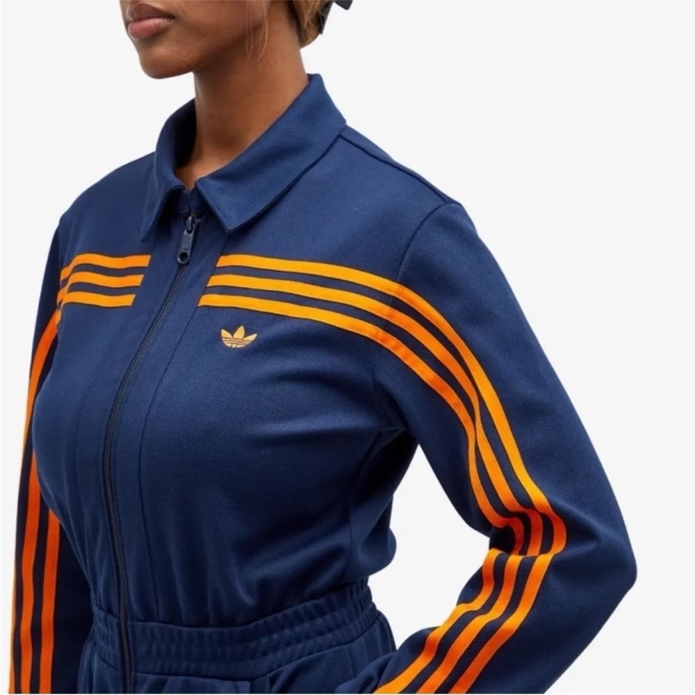 Adidas Originals RETRO Navy Blue Orange Striped Midweight Long Sleeve Jumpsuit - Picture 7 of 9